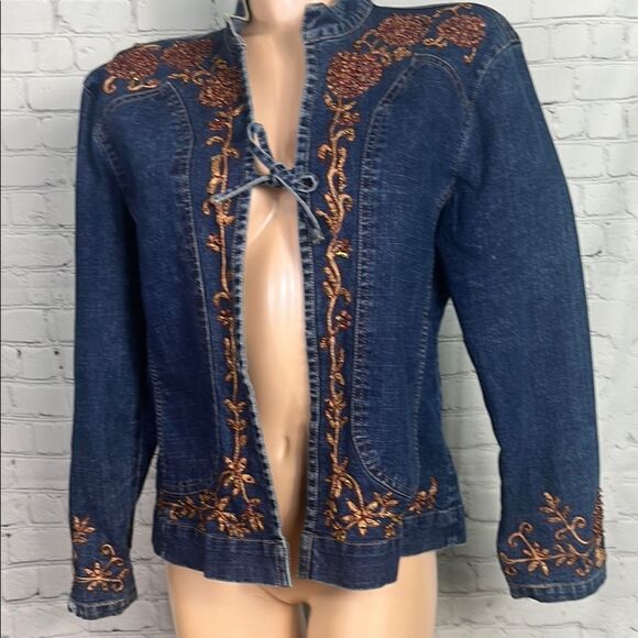 24 Karat Vintage Y2K Boho Embroidered & beaded Denim Jacket Distressed XL - Picture 1 of 10